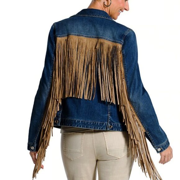 COPY - Chico's Platinum Fringe Denim Jacket - VINTAGE LOOK! NWOT - Picture 2 of 11
